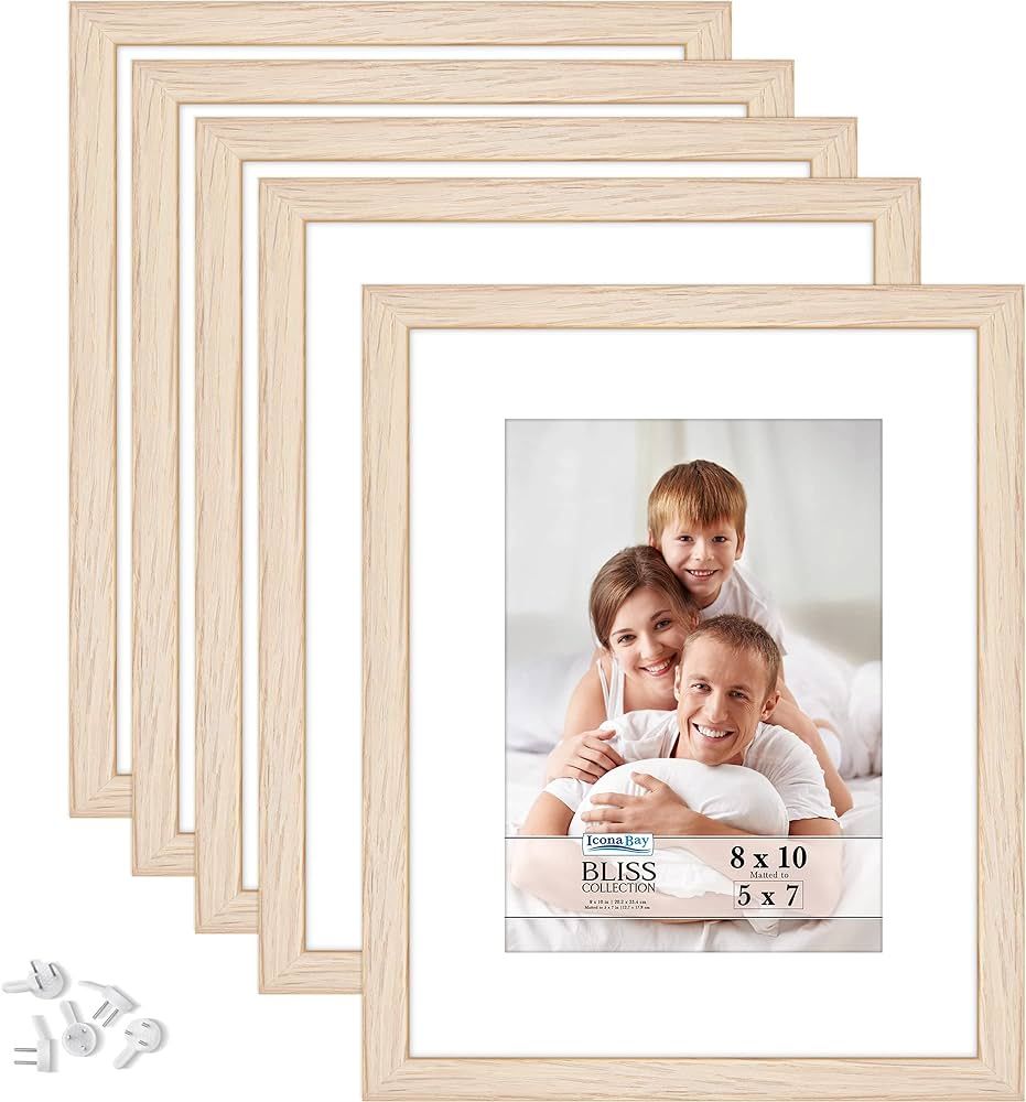Icona Bay 8x10 Picture Frames with Removable Mat for 5x7 Photos (Light Oak, 5 Pack), Modern Style... | Amazon (US)