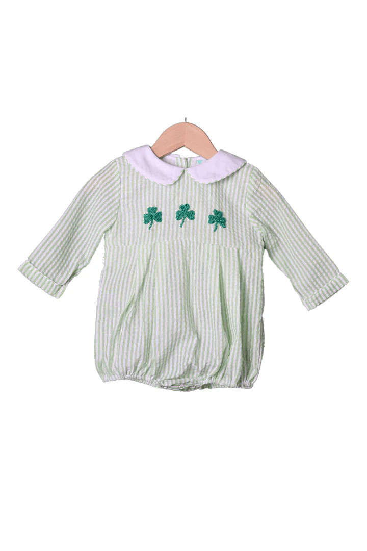 French Knot Lucky Clover Green Seersucker Bubble | The Smocked Flamingo