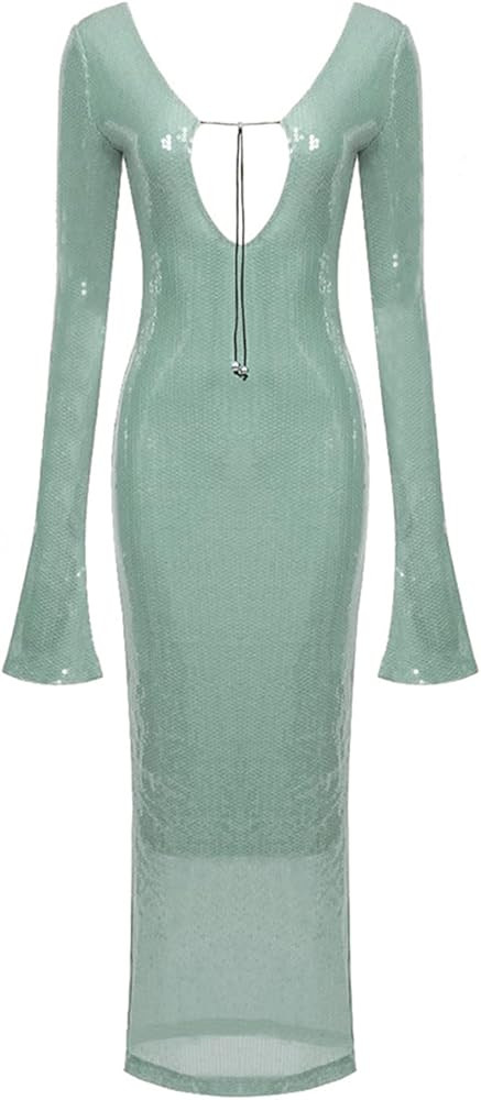 meilun Deep V Dress with Drawstring Long Sleeve Sequin Dress for Women Long Gown | Amazon (US)