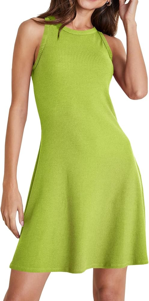Wenrine Womens Summer Casual Tank Dress Ribbed Knit Sleeveless Crewneck A Line Mini Dresses | Amazon (US)