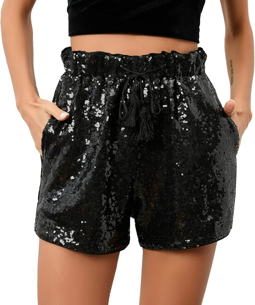 Women's Summer Sequins Shorts High Waist Casual Loose A Line Hot Pants Sparkly Clubwear Night-Out... | Amazon (US)