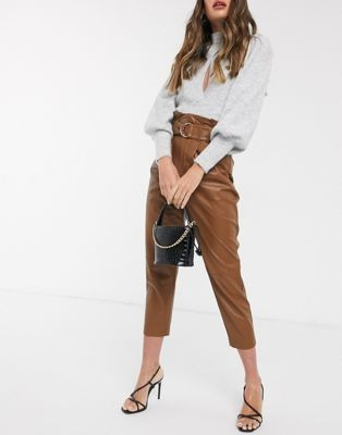 Stradivarius faux leather paperbag trouser in camel | ASOS UK