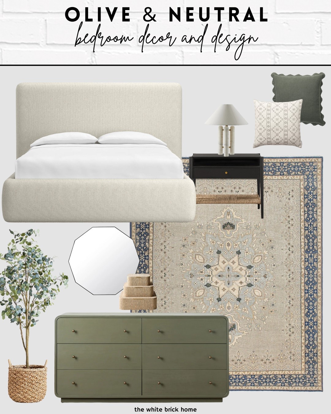 This rug has beautiful colors to bring out, and I especially love it mixed with pops of olive green for a relaxing bedroom design.

Bedroom, bed, bedroom rug, area rug, upholstered bed, nightstand, throw pillows, dresser, wall mirror, faux tree, decor boxes, table lamp, lamp, nightstand, bedroom design, bedroom inspiration, green, green bedroom, olive green bedroom, bedroom bedding, throw pillows. Bedroom furniture, dresser, green dresser, nightstand, splurge bedroom, bedroom ideas. McGee and co bedroom, McGee and co, crate and barrel, pottery barn, home, home decor, furniture 

#LTKStyleTip #LTKSaleAlert #LTKHome