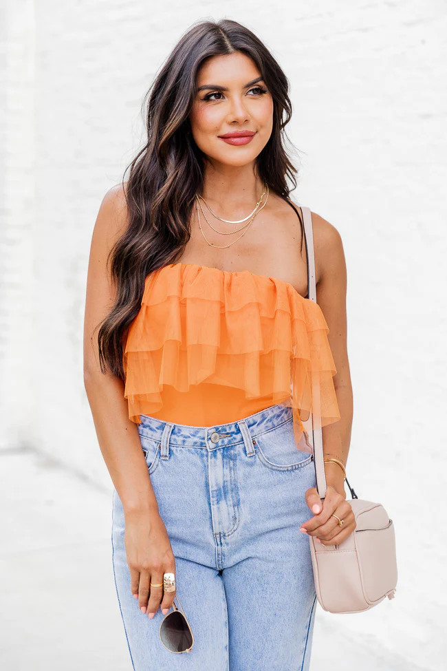 Feels Like A Lifetime Tangerine Strapless Tulle Ruffle Bodysuit | Pink Lily