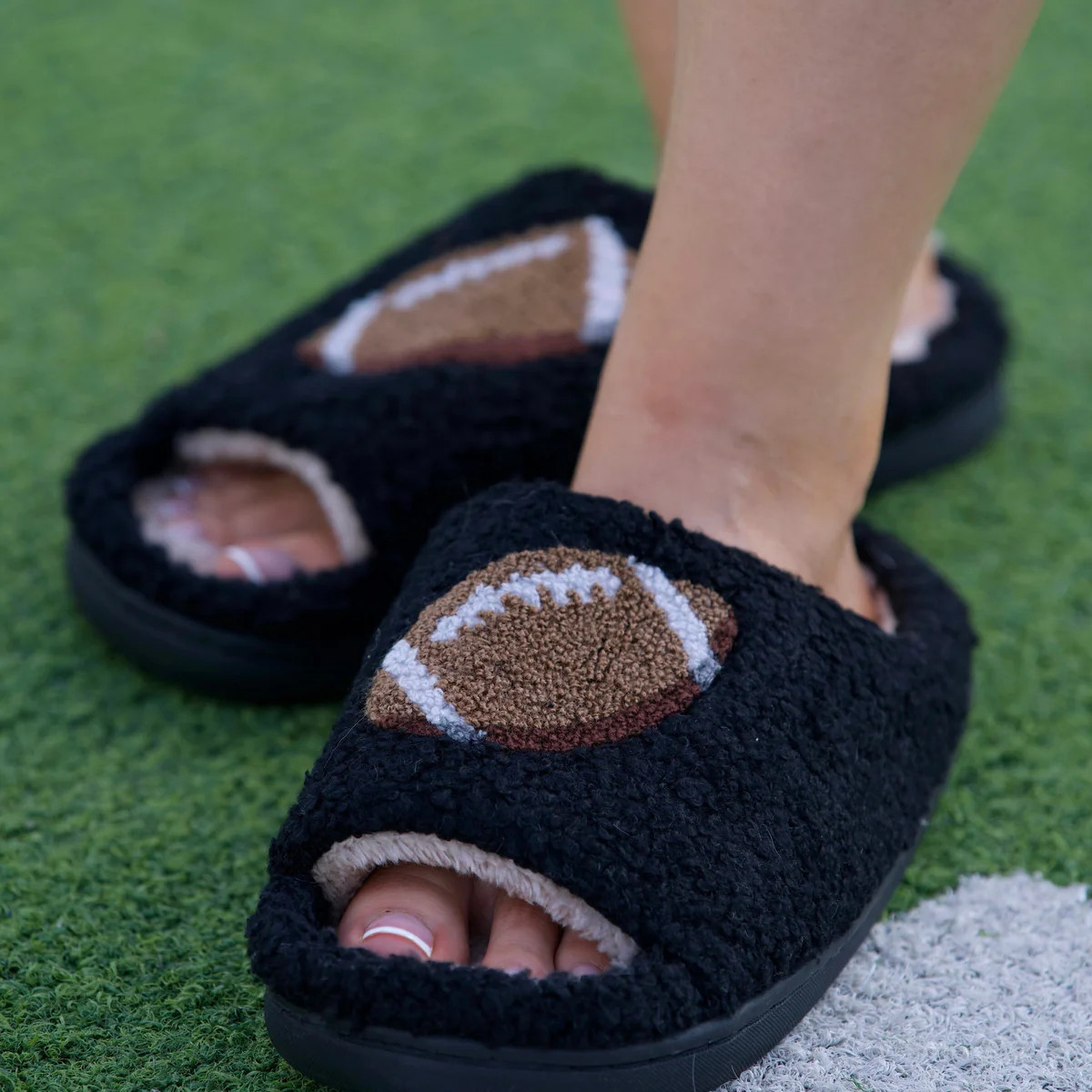 Black Cozy Plush Open Toe Football Slippers | BuddyLove