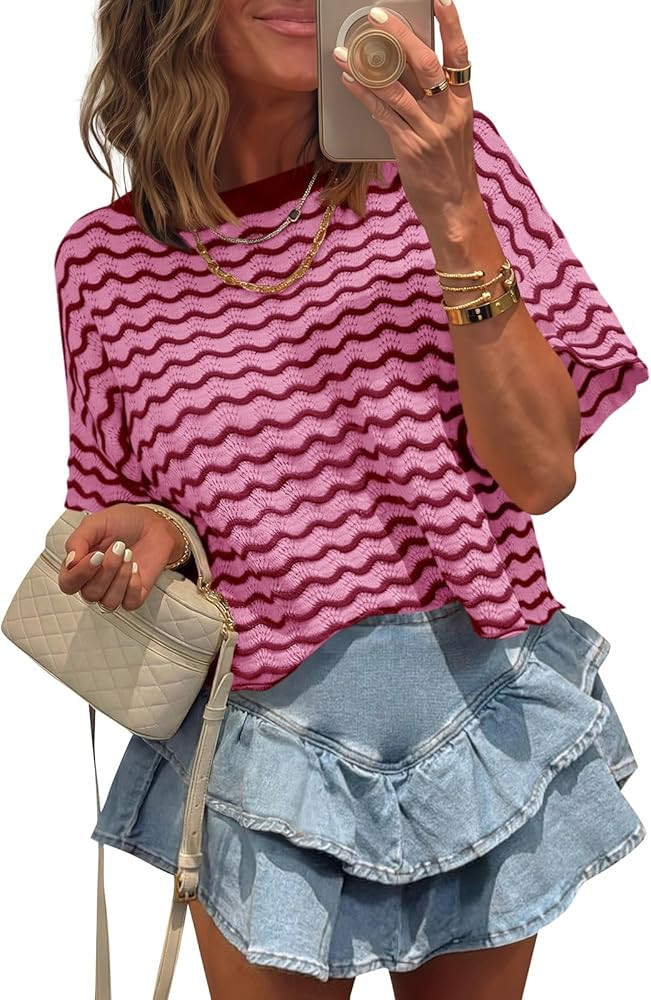 Tankaneo Womens Short Sleeve Sweater Striped Cropped Sweaters 2026 Summer Casual Crewneck Lightwe... | Amazon (US)