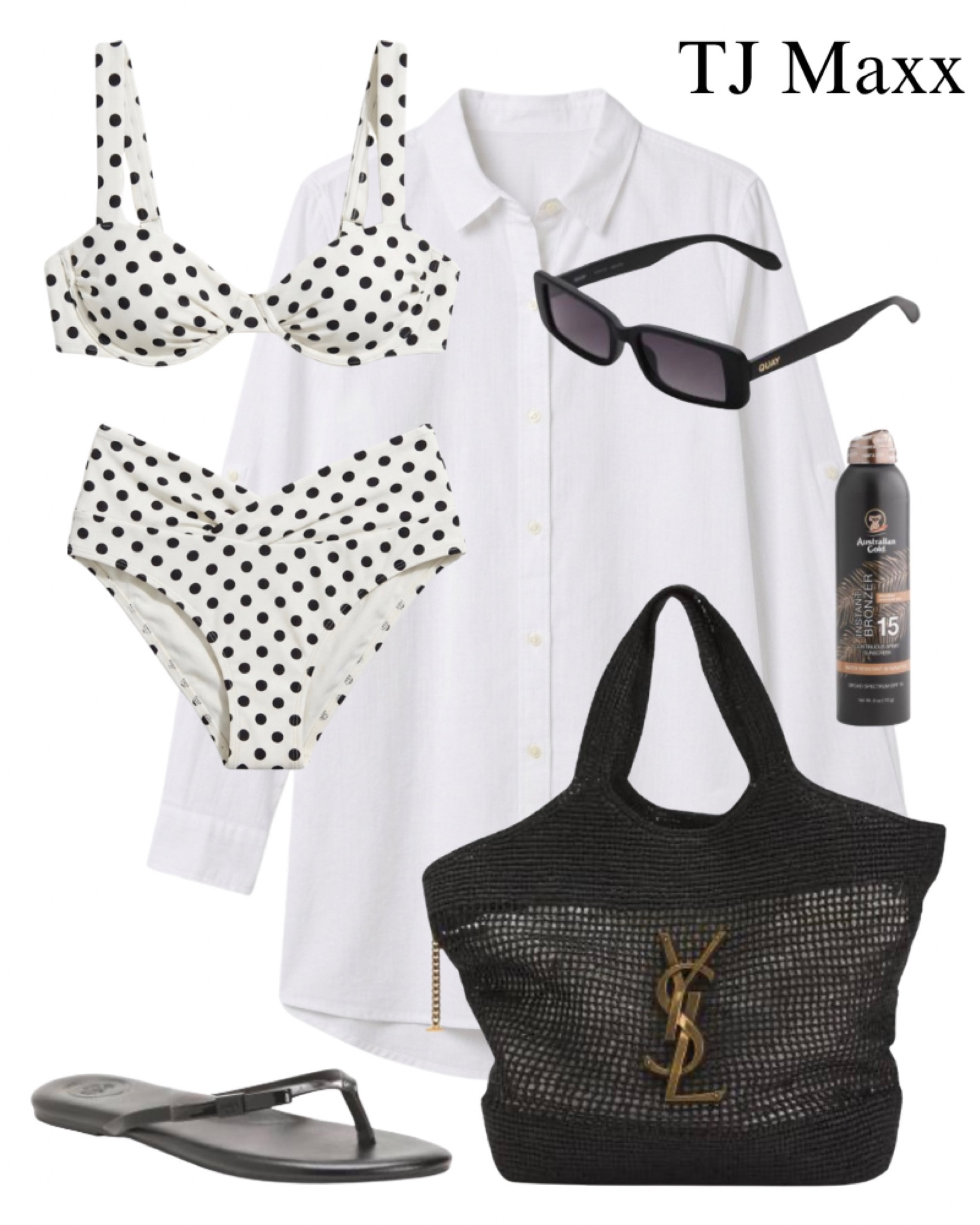 TJ Maxx beach look on sale, Saint Laurent woven tote, black-and-white bikini, Tommy Bahama, white T-shirt, beach, cover-up, black sandals, sunscreen, pool, vacation, summer.

#LTKootd #LTKSwim #LTKSaleAlert