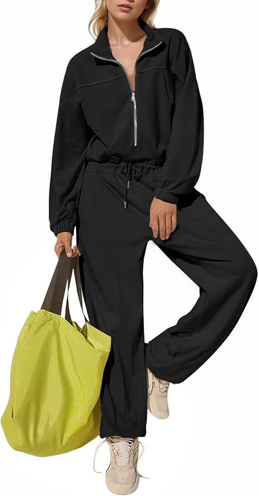 Flygo Women's Jumpsuits Zipper Casual One Piece Outfits Long Sleeve High Waisted Belted Wide Leg ... | Amazon (US)