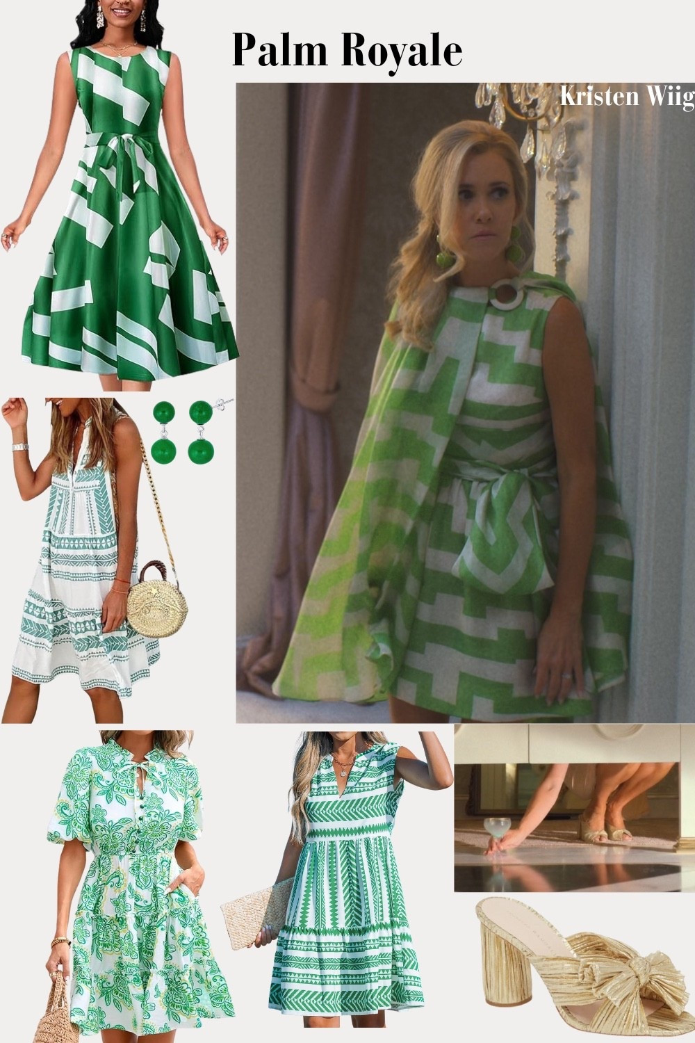 
Maxine Simmons Outfit 1 Episode 2 - Maxine in a green and white geometric print dress with a matching cape.