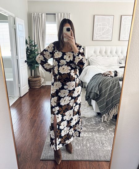 Floral long dress with front slit, sized up one. It’s non-maternity and under $25. Suede brown booties are older and such a favorite  

Fall outfits, thanksgiving outfit, fall dresses, floral dress, boots

#LTKfindsunder50 #LTKsalealert #LTKSeasonal
