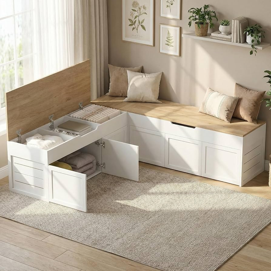 Kikihouse L-Shaped Corner Storage Bench with Cushion, Backless Wood Bench with Hidden Storage, fo... | Amazon (US)