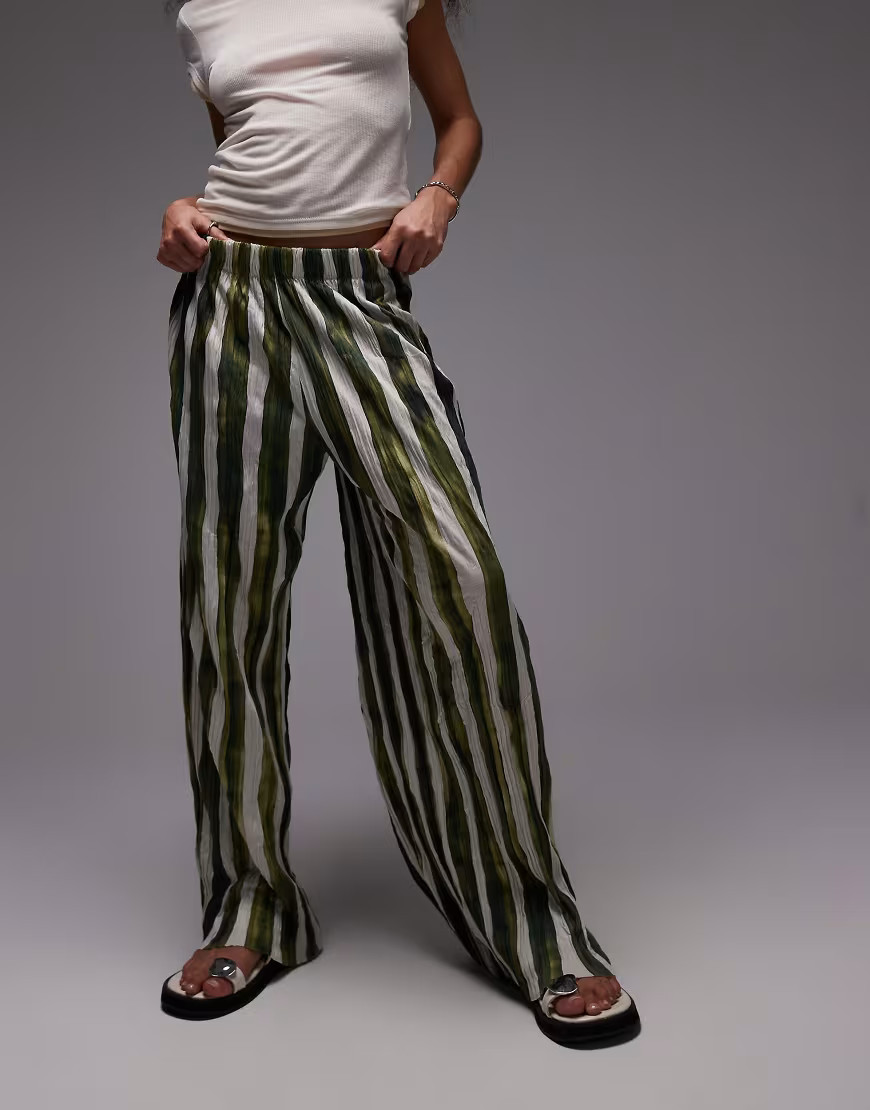 Topshop striped crinkle wide leg pants in green | ASOS (Global)