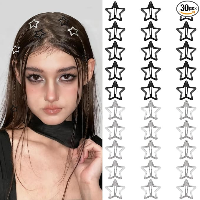Star Hair Clips 2000s Y2K Black Silver Star Hair Accessories Snap Hair Barrettes Non Slip Metal H... | Amazon (US)