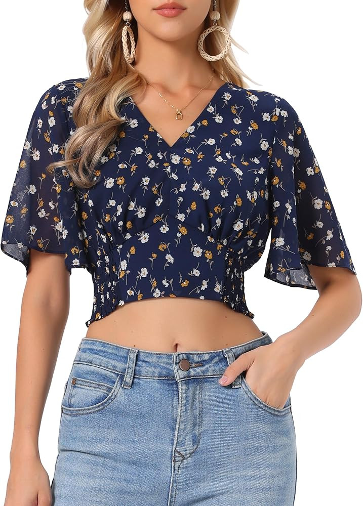 Allegra K Women's Floral Blouse Flare Short Sleeve V Neck 2025 Trendy Summer Smocked Crop Tops | Amazon (US)