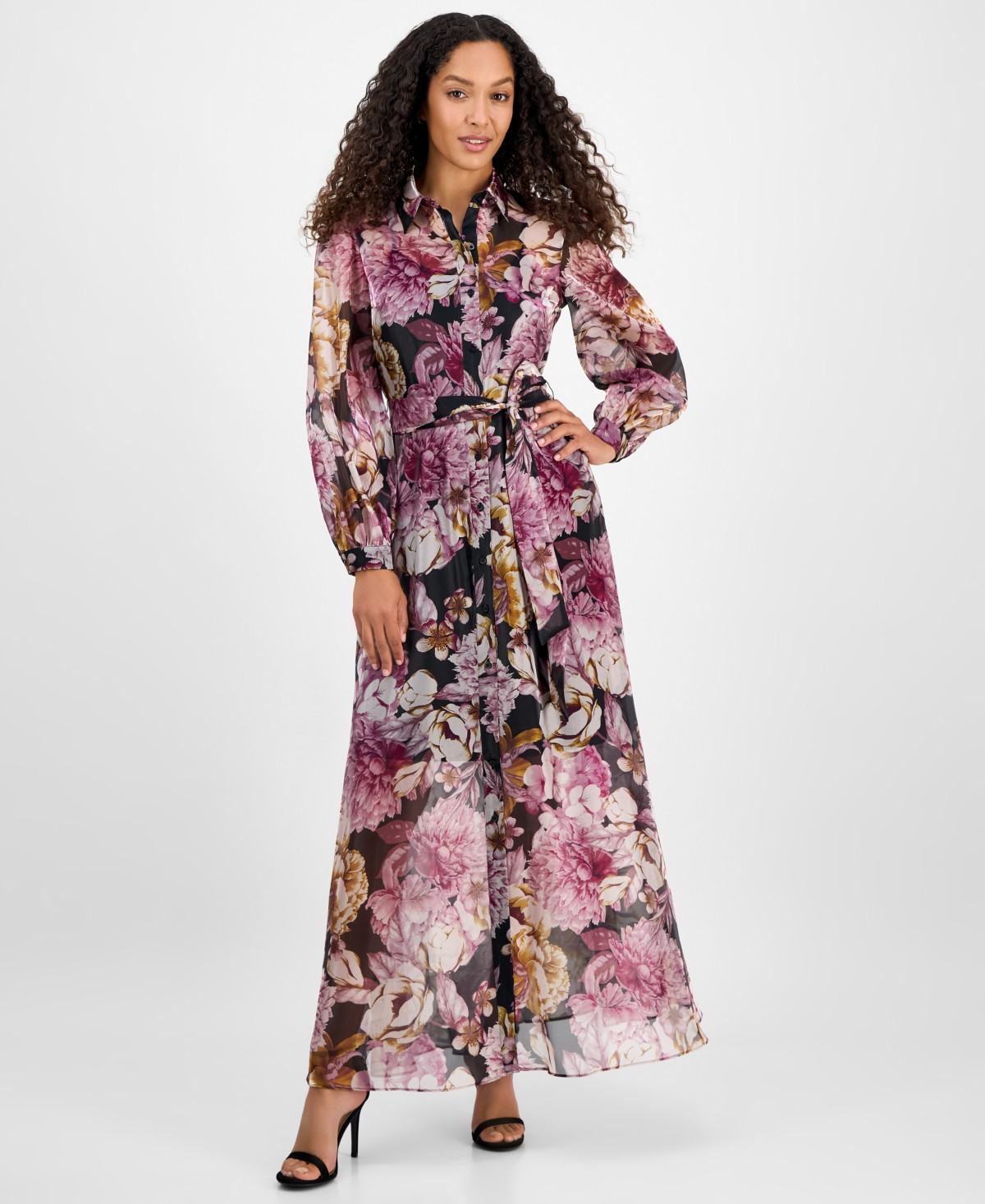julia jordan Women's Printed Button-Front Organza Maxi Dress - Blk Multi | Macy's