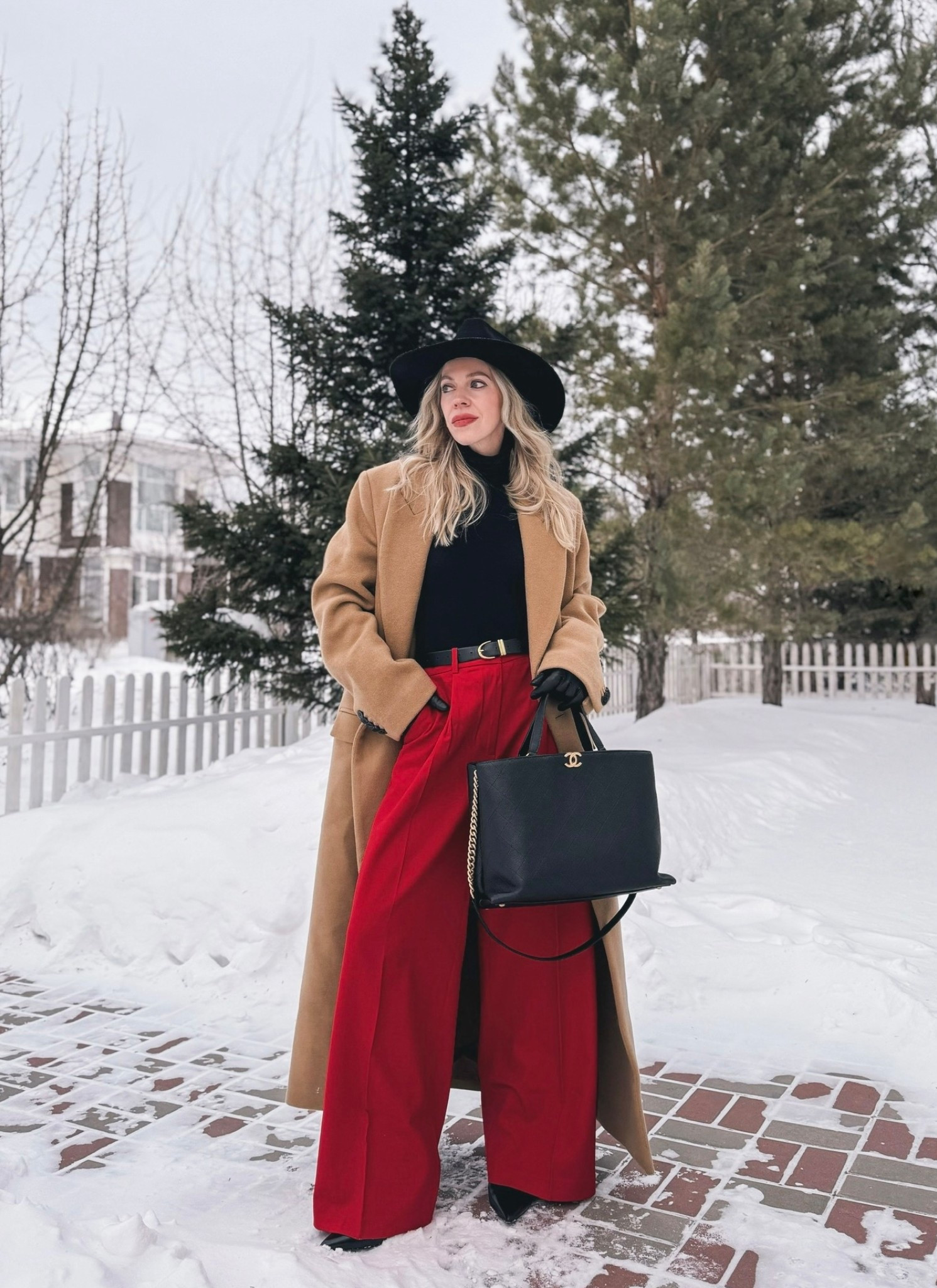 Camel coat, red pants, black red and camel outfit, black wool hat, black leather gloves, winter work wear 

#LTKOver40 #LTKWorkwear #LTKFindsUnder100