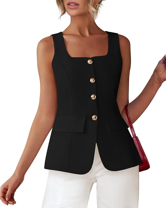 BTFBM Summer Vest Tops For Women, Business Casual Blazers | Square Neck Sleeveless Button Down Su... | Amazon (US)