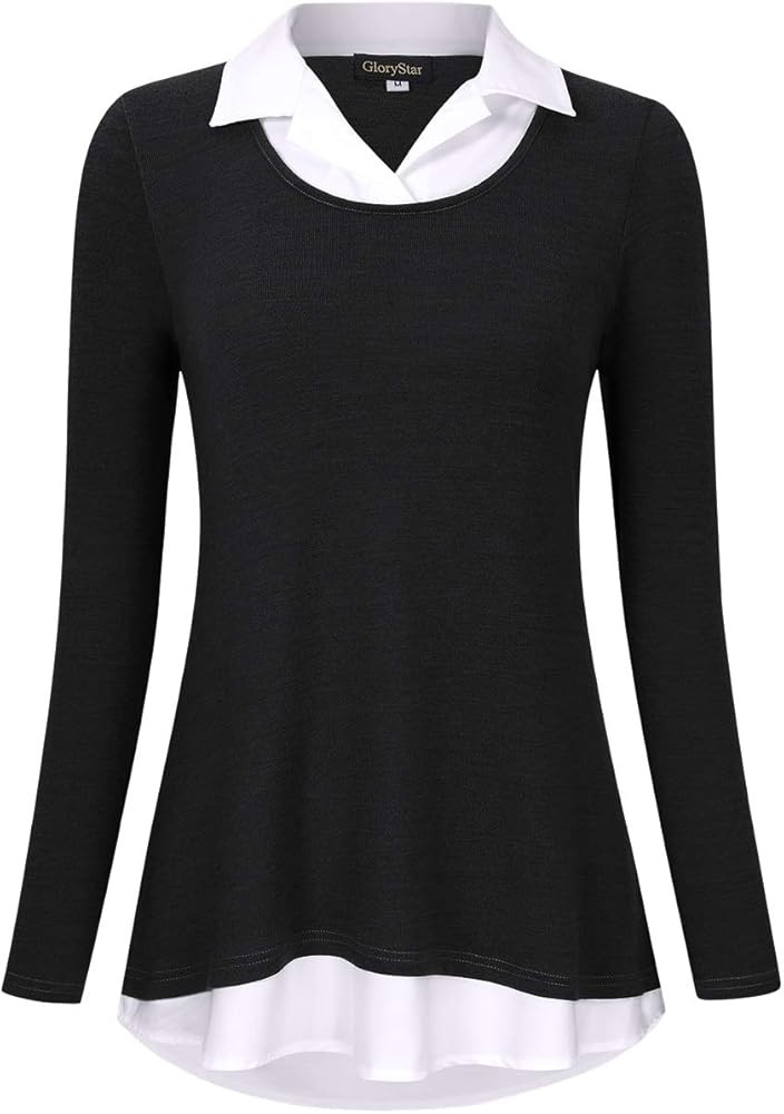GloryStar Women's Long Sleeve Contrast Collared Shirts Patchwork Work Blouse Tunics Tops | Amazon (US)