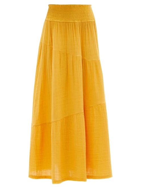Anaak - Pushkar Shirred-waist Cotton-gauze Midi Skirt - Womens - Orange | Matches (US)