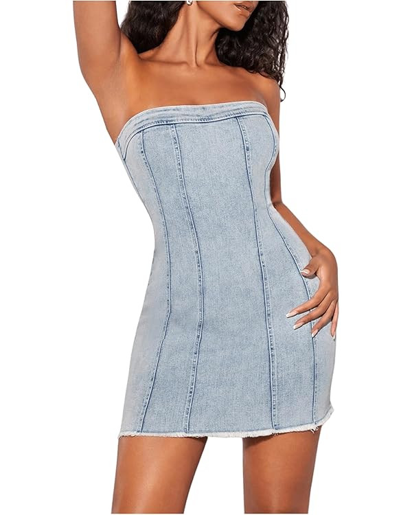 Floerns Women's Summer Strapless Raw Hem Tube Bodycon Denim Corset Mini Dress | Amazon (US)
