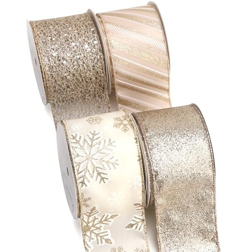 Ribbli Champagne Gold Wired Ribbon for Christmas Tree, Glitter Mesh Snowflake Stripe Christmas Ribbon for Crafts, Wreaths, Topper Bow, Gift Wrapping, Tree Decoration-4Rolls 2-1/2 Inch Total 40 Yard | Amazon (US)