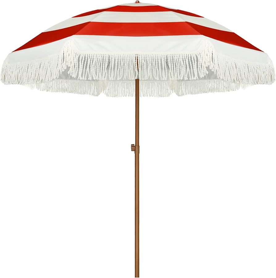 AMMSUN 7ft Patio Umbrella with Fringe Outdoor Tassel Umbrella UPF50+ Premium Steel Pole and Steel... | Amazon (US)
