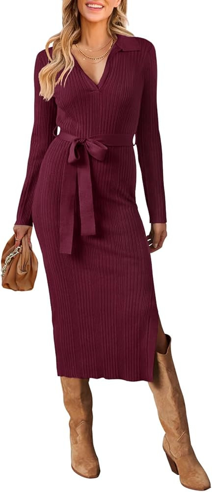 MEROKEETY Women's 2024 Winter Sweater Dress Long Sleeve Polo V Neck Slit Bodycon Midi Dress with ... | Amazon (US)