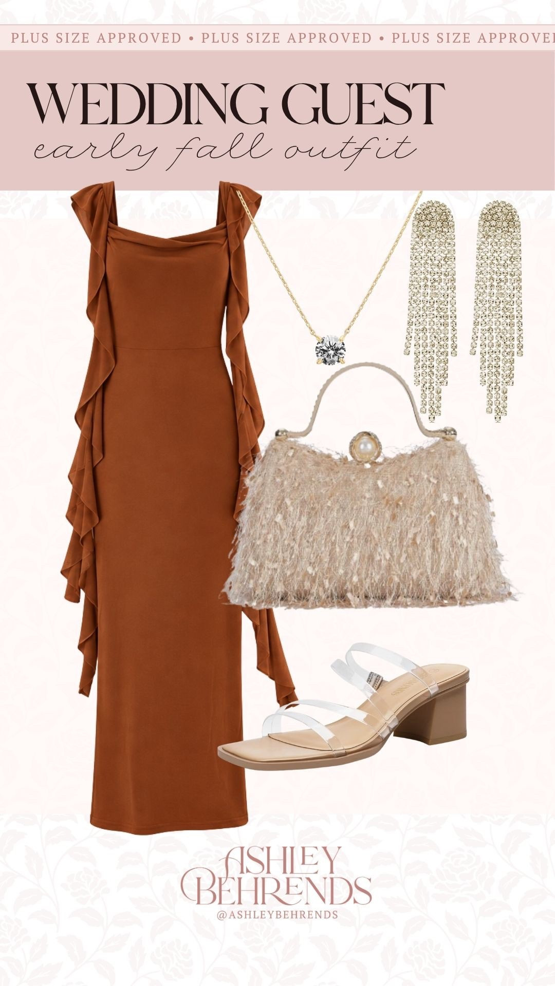 This burnt orange dress with ruffle detail would be gorgeous for a fall wedding. The soft neutral colors compliment it so well and let the dress really shine. I can’t get over the cute details in this handbag and am shocked by its price tag (only $25!). 
Fall wedding guest outfit inspo, what to wear to a fall wedding

#LTKPlusSize #LTKSeasonal #LTKWedding