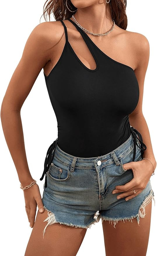 SweatyRocks Women's Sleeveless Cut Out One Shoulder Bodysuit Top Tie Side Skinny Bodysuit Jumpsui... | Amazon (US)