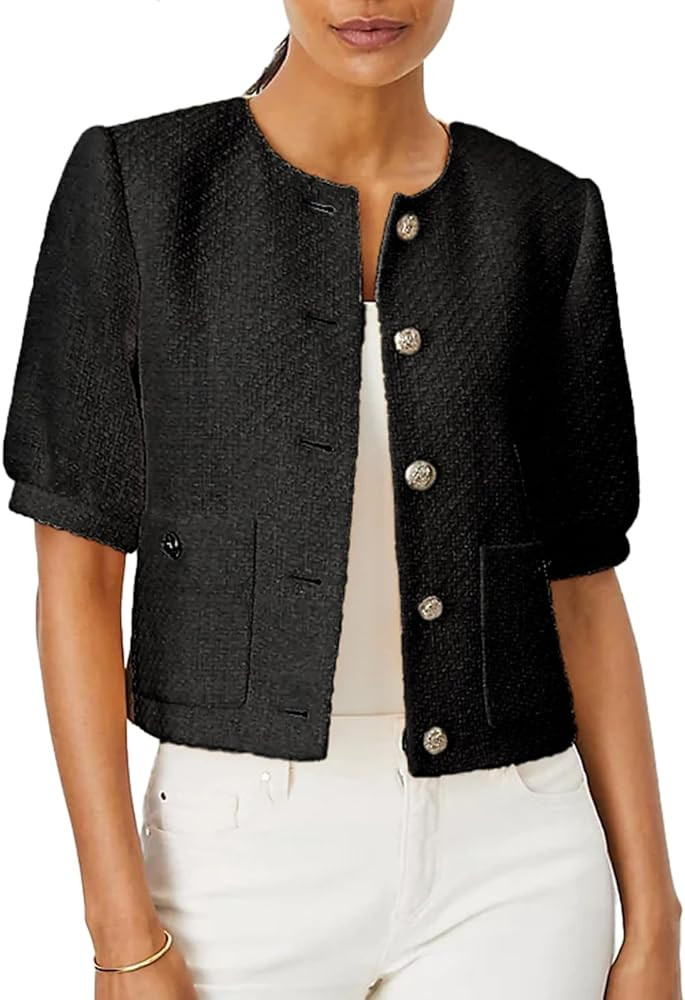 LifeShe Puff Short Sleeve Tweed Jacket Women Cropped Jackets Summer Open Front Office Work Blazer... | Amazon (US)