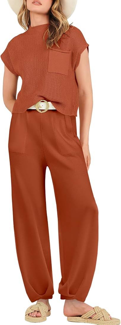 Women's Two Piece Outfits Sweater Sets Knit Pullover Tops and High Waisted Pants Tracksuit Lounge Se | Amazon (US)