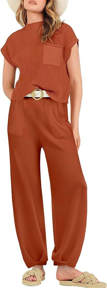 Women's Two Piece Outfits Sweater Sets Knit Pullover Tops and High Waisted Pants Tracksuit Lounge... | Amazon (US)