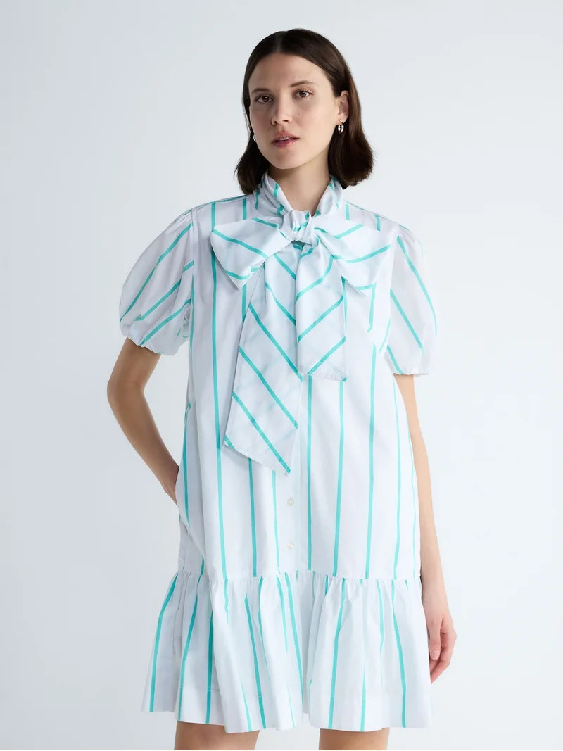 Free Assembly Women's Tie Neck Striped Cotton Mini Dress, Sizes XS-4X | Walmart (US)