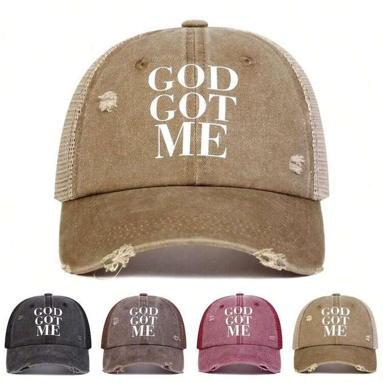 1pc Women's GOD GOT ME Letter Print Washed Baseball Cap, Outdoor Adjustable Casual Mesh Cap, Spring & Autumn Travel Beach Vacation | SHEIN