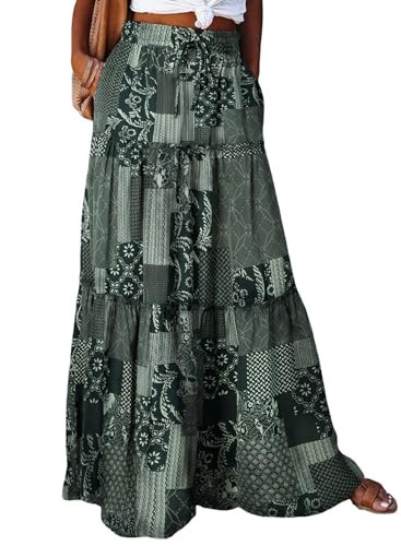 Happy Sailed Long Skirts for Womens Retro Boho Printed High Waist Elastic Waist A Line Flowy Maxi Beach Skirt with Pockets Printed Multicolor Green Large | Amazon (US)