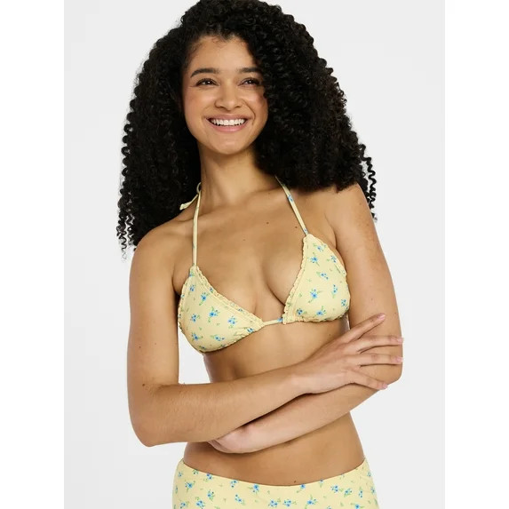 No Boundaries Femme Floral Print Triangle Bikini Top with Lettuce Edge, Women’s XXS-XXL | Walmart (US)