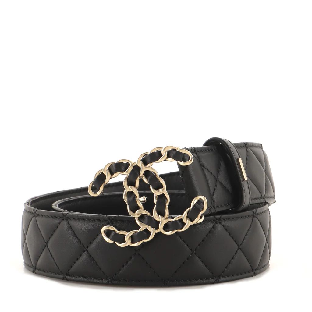 Chanel Woven Chain CC Buckle Belt Quilted Leather Medium Black 1366192 | Rebag