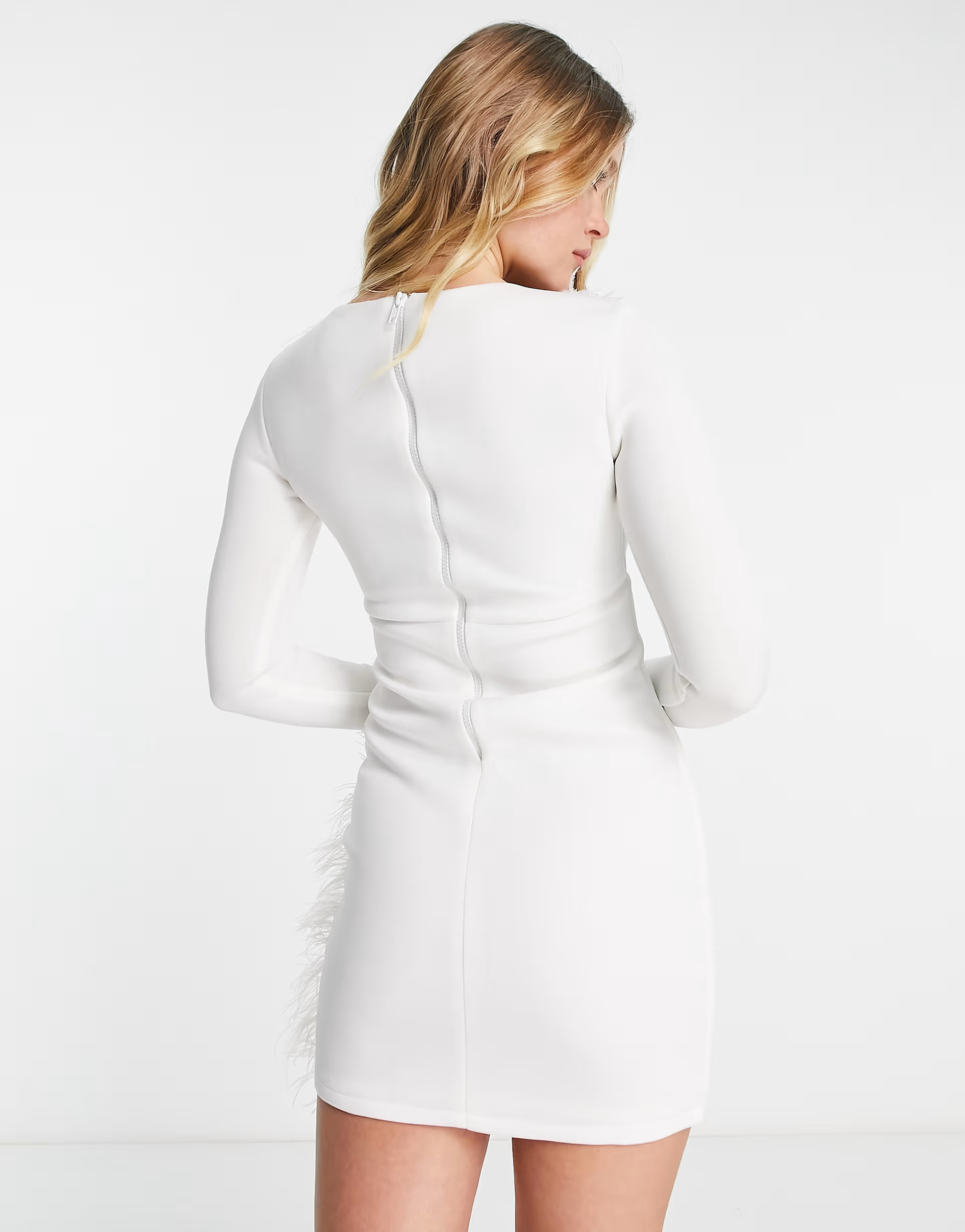 Starry Eyed premium embellished trim mini cut out pencil dress with faux feather trim in white | ASOS (Global)