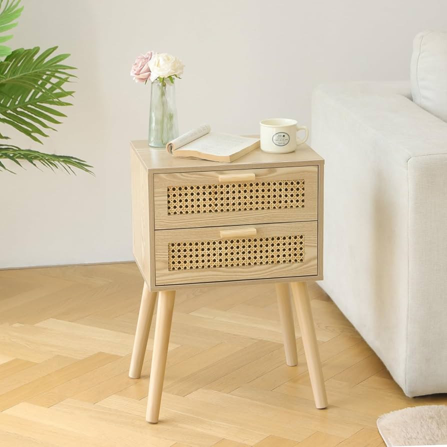 AWASEN Rattan Nightstand with Storage, Wood Bedside Table with 2 Rattan Drawers, Boho Night Stand... | Amazon (US)