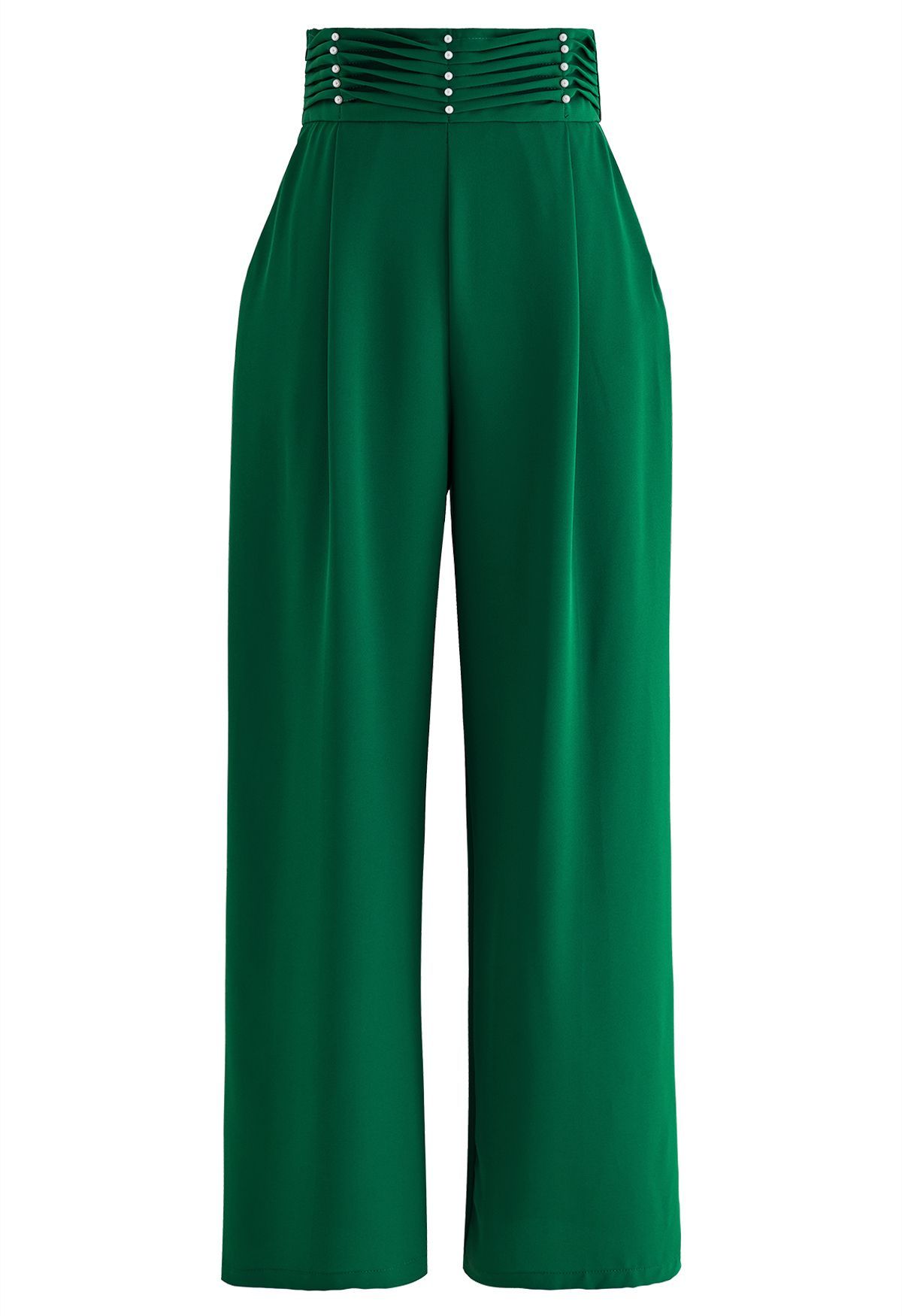 Pearly Pleated Waist Wide-Leg Pants in Green | Chicwish