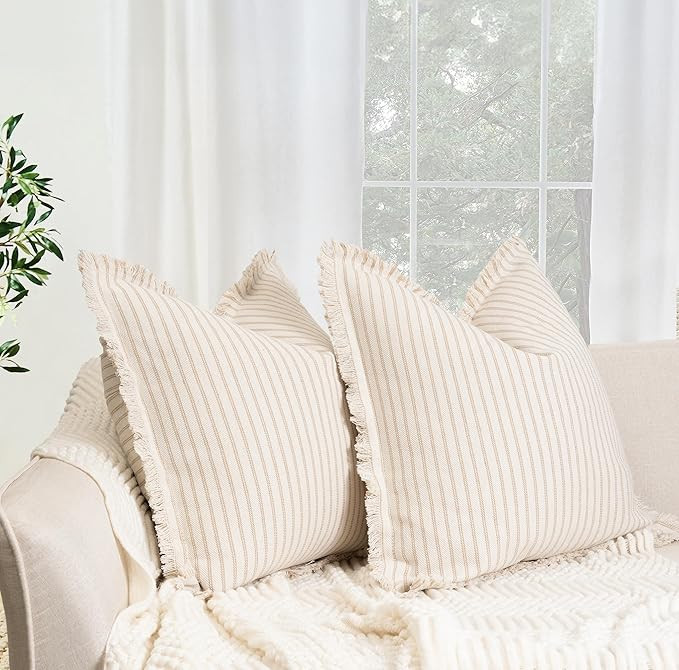 ZWJD Throw Pillow Covers 24x24 Set of 2 Striped Pillow Covers with Fringe Chic Cotton Decorative ... | Amazon (US)