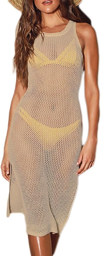 Bsubseach Women Lace Up V Neck Long Sleeve Crochet Swimsuit Cover Up Dress | Amazon (US)