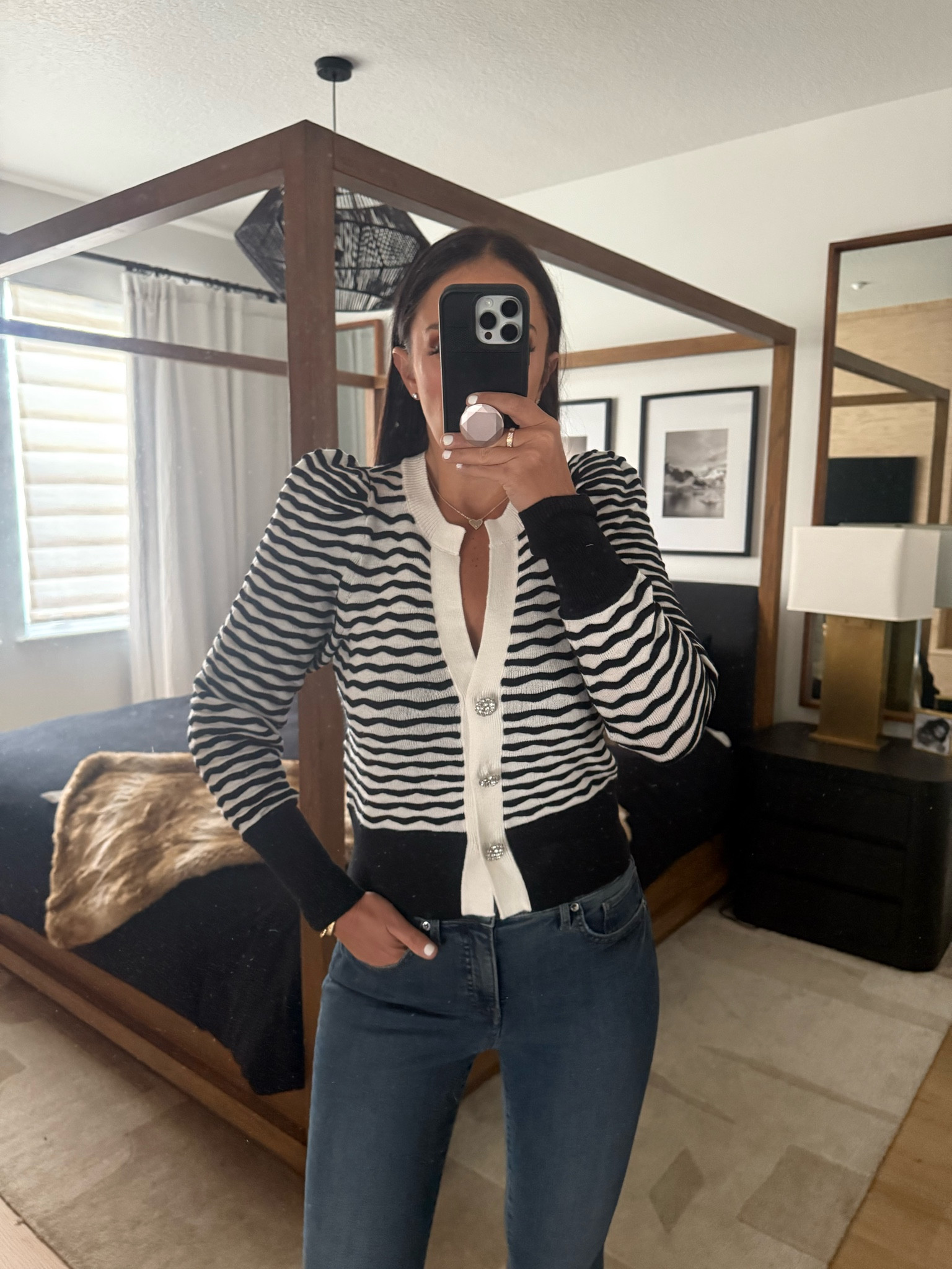 Textured Pattern Rhinestone Button Cardigan wearing size small now $20 originally $128. Mid Rise Dark Wash Ripped Hem Skinny Jeans wearing size 4. High Waisted Light Wash FlexX Ripped Skinny Jeans wearing size small. 