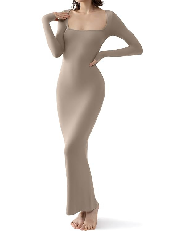 PUMIEY Women's Square Neck Long Sleeve Maxi Dress Ribbed Bodycon Dresses for Women Soft Lounge Dr... | Amazon (US)