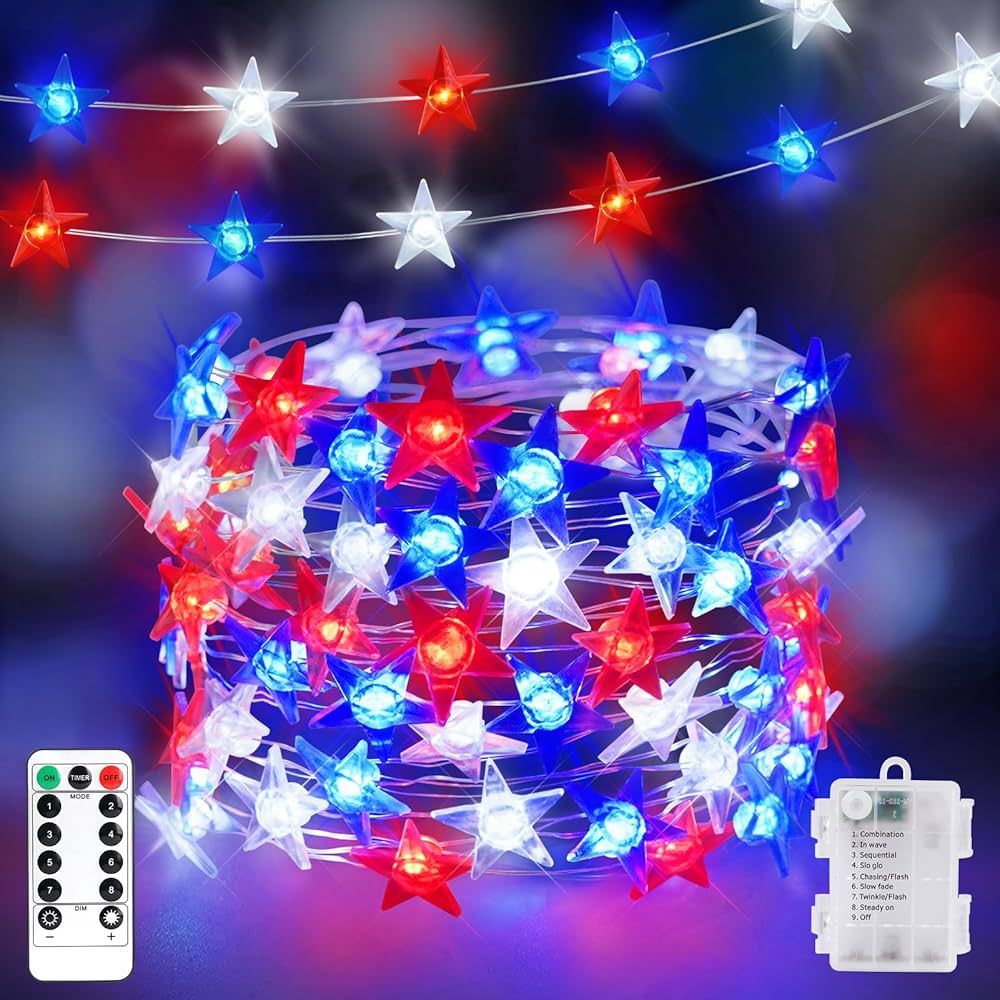 4th of July Decorations Red White and Blue Stars String Lights 16.4FT 50 LED Battery Operated 8 M... | Amazon (US)