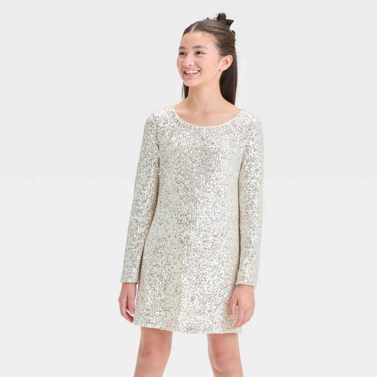 Girls' Long Sleeve Sequin A-Line Dress - art class™ Silver M | Target