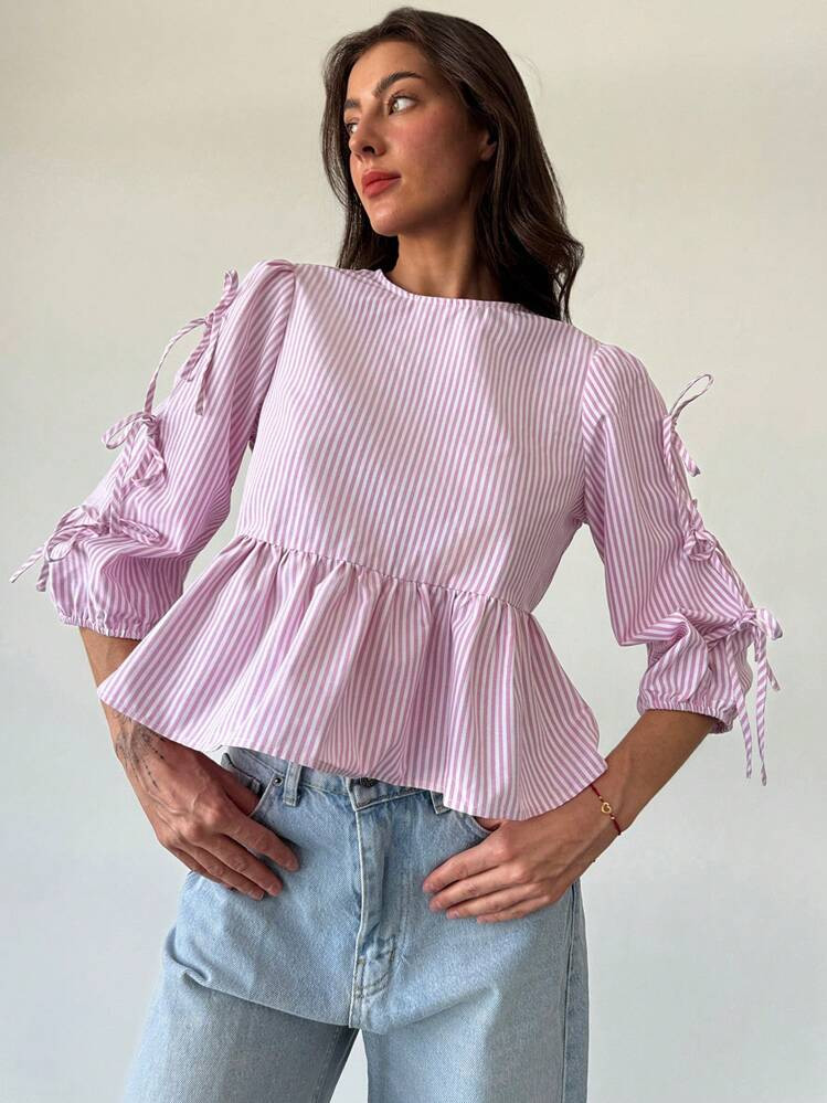 Aloruh Simple Commute & Vacation Round Neck Short Sleeve Bow Striped Women Blouse, Pink,Three Qua... | SHEIN