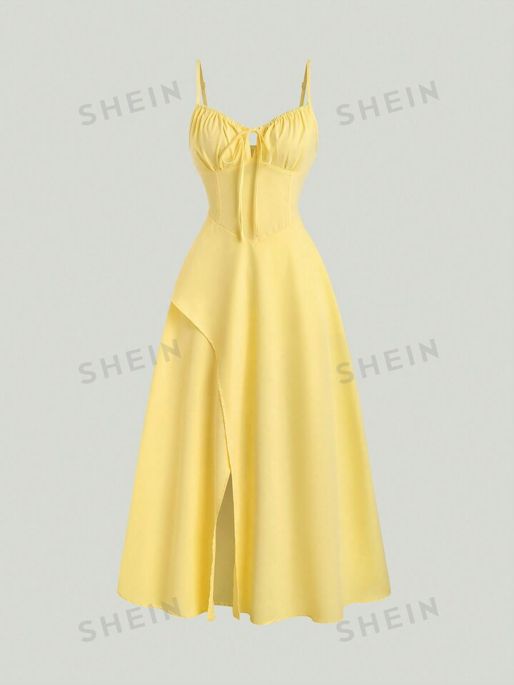 SHEIN WYWH Solid Color High Split Casual Vacation Spaghetti Strap Midi Dress | SHEIN