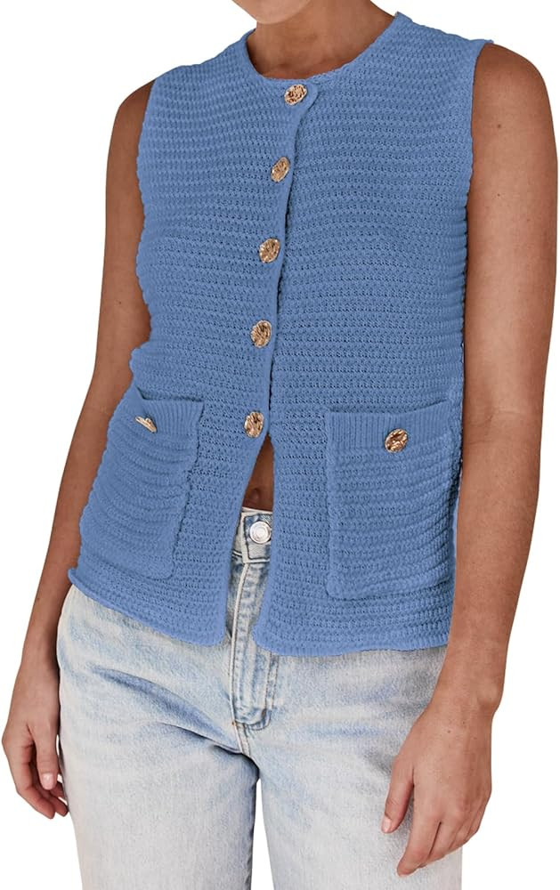 Bonnorth Womens Sleeveless Open Front Sweater Vests Crew Neck Button Down Ribbed Knit Casual Card... | Amazon (US)
