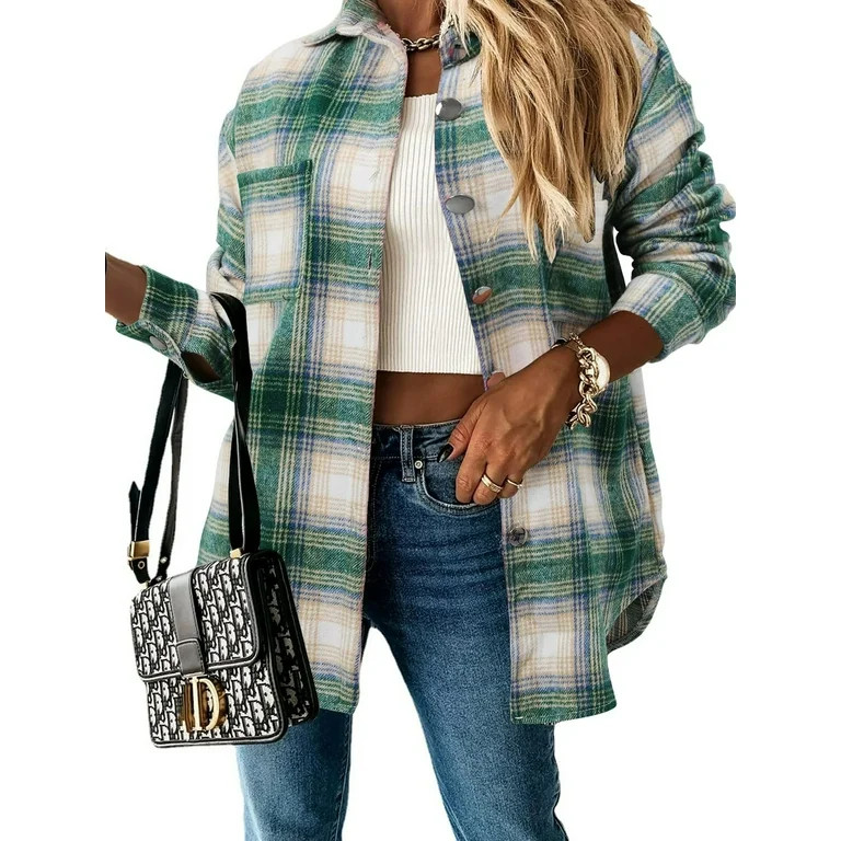 UVN Flannel Plaid Shirts for Women Shacket Jacket Long Sleeve Button Down Shirt Coats Top | Walmart (US)
